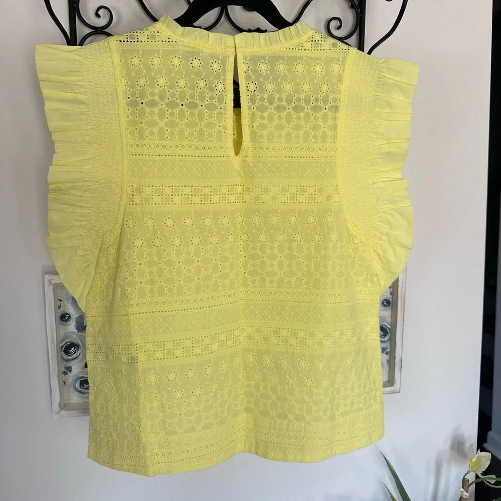 English Factory Yellow Lace Eyelet Blouse Ruffle Sleeves keyhole opening NWT - Picture 6 of 7